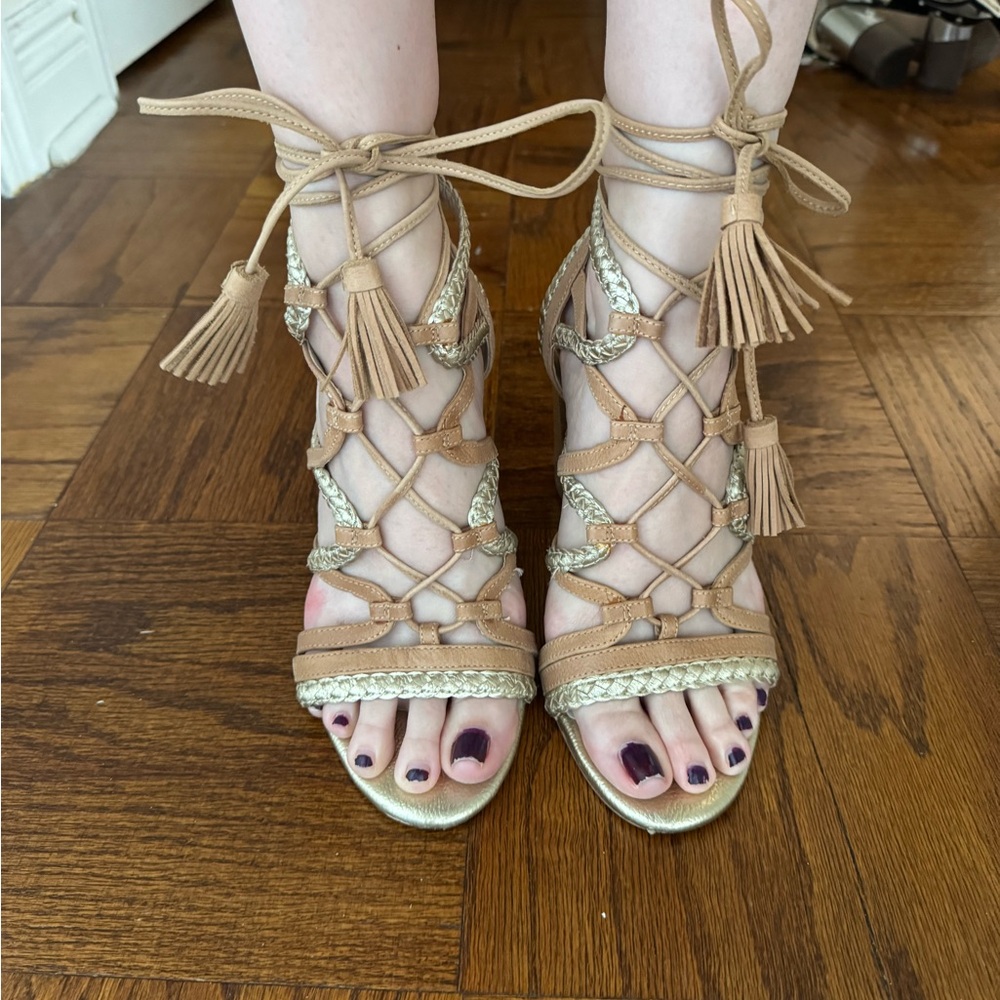 BCBGeneration Tan and Gold Gladiator Sandals